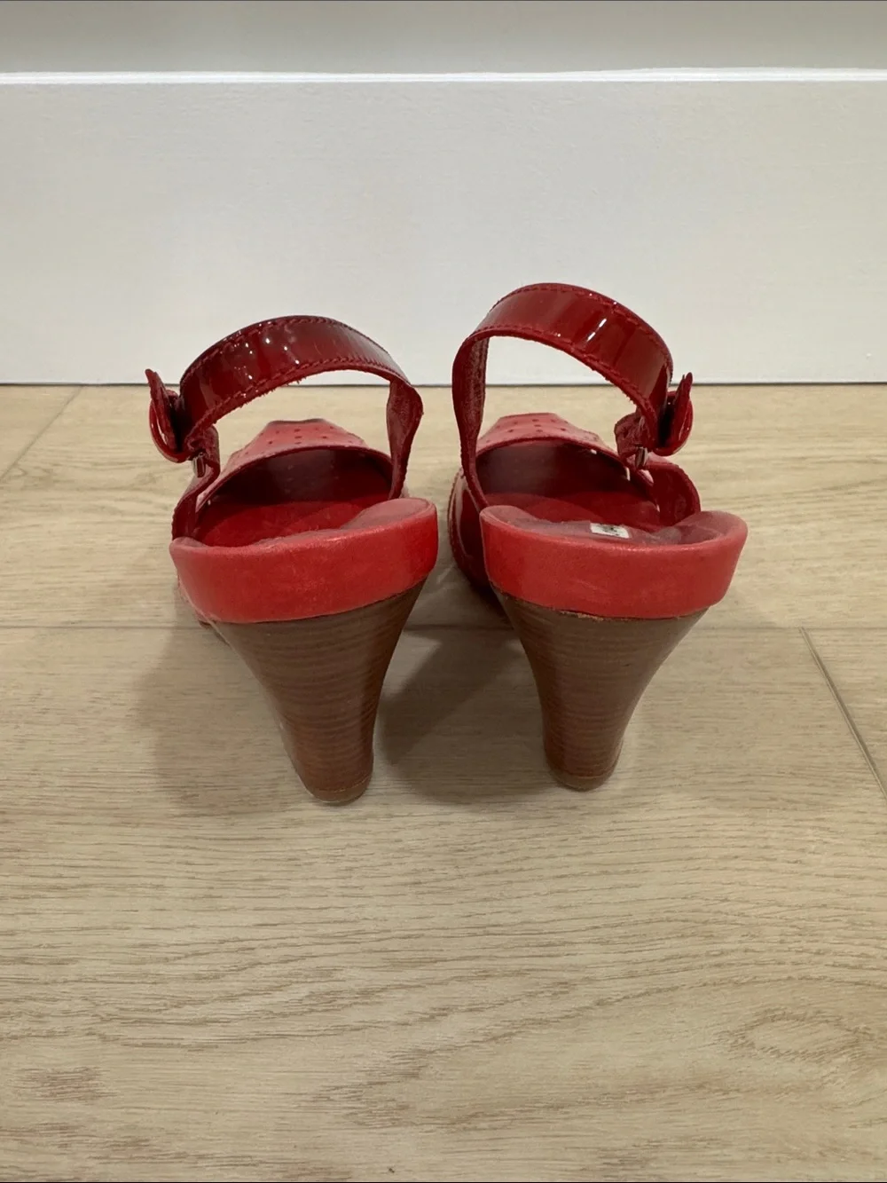 Via Spiga Red Patent Peep-Toe Slingback Heels with Cutout Perforation